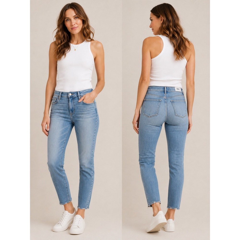 Paige High Rise Jeans Light Wash Frayed Hem Size 31‎ Waist clean girl light wash